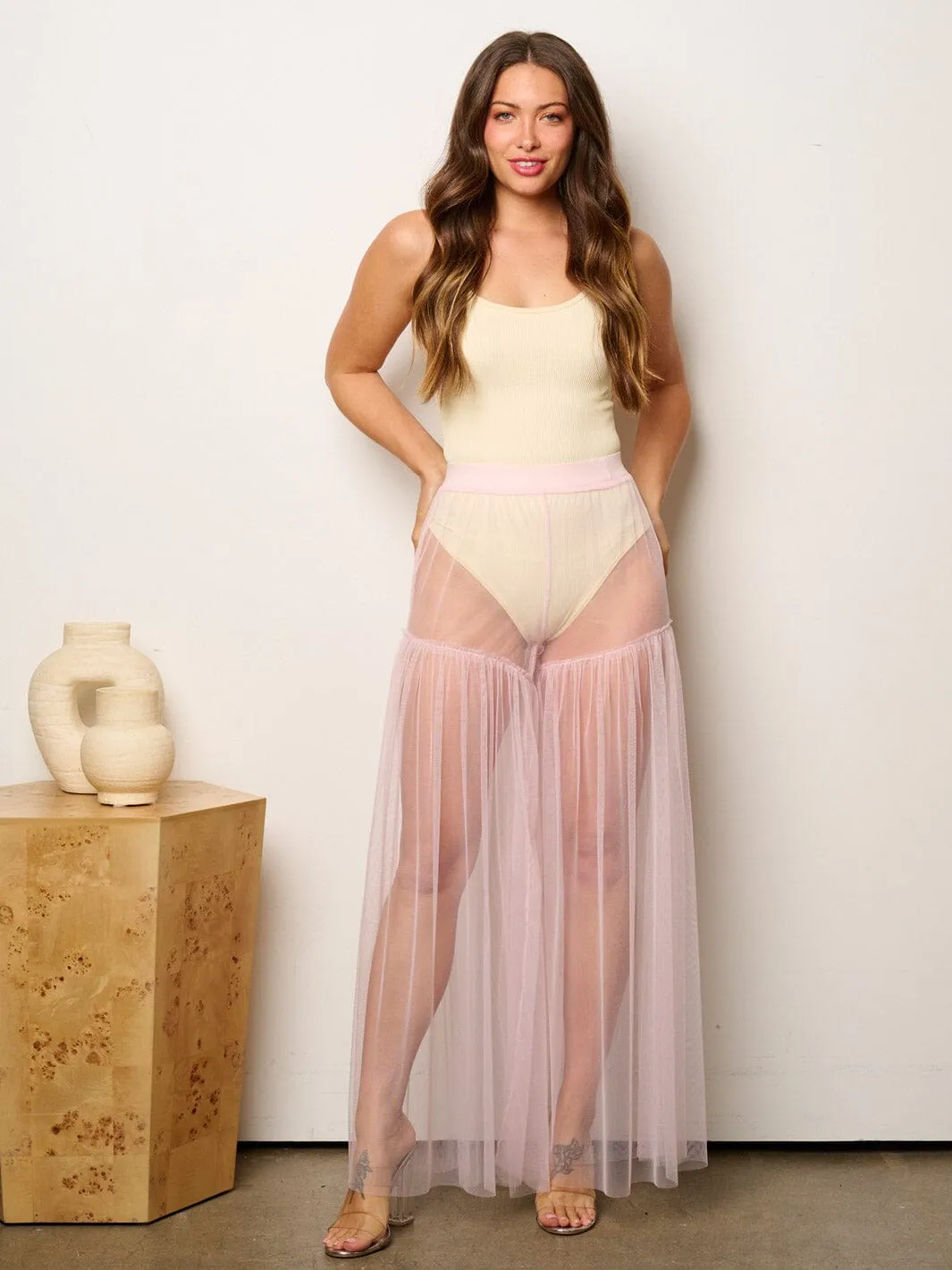 WOMEN'S ELASTIC WAIST ALL OVER LACE WIDE LEG COVER UP PANTS