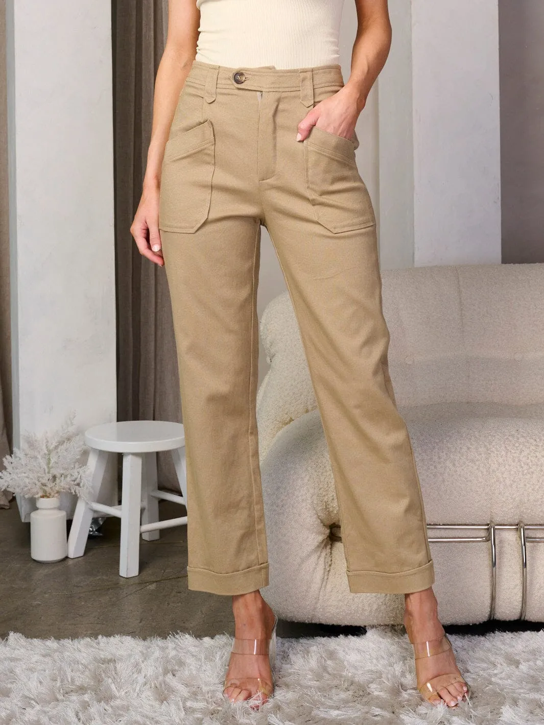 WOMEN'S ELASTIC WAIST BUTTON CLOSURE POCKETS WIDE LEG PANTS