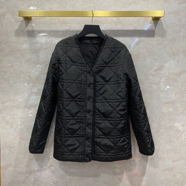 Women's High quality Vintage V-neck padded coat