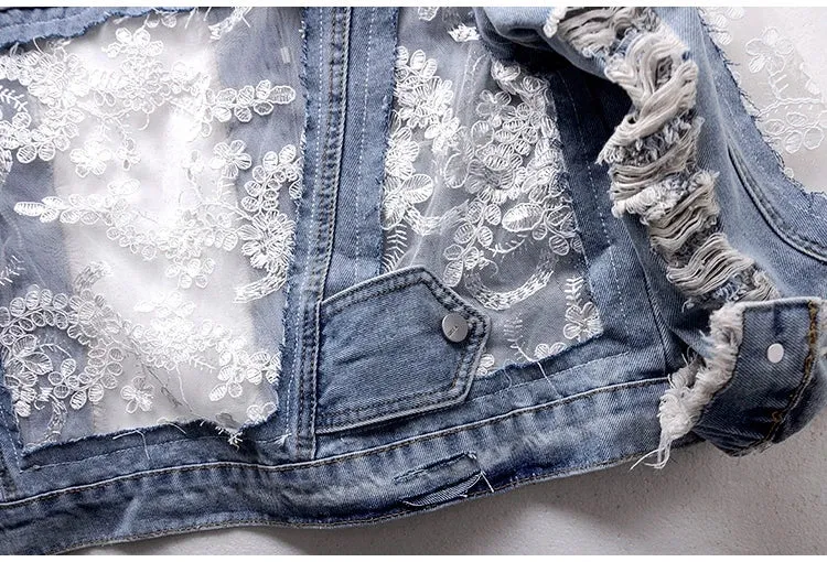 Women's Jean Jacket Embroidered Lace Patchwork Sexy Denim Jacket Frayed Tassel Loose Blue Jean Jacket