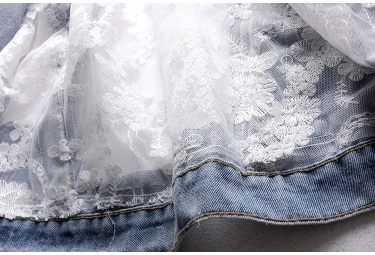 Women's Jean Jacket Embroidered Lace Patchwork Sexy Denim Jacket Frayed Tassel Loose Blue Jean Jacket