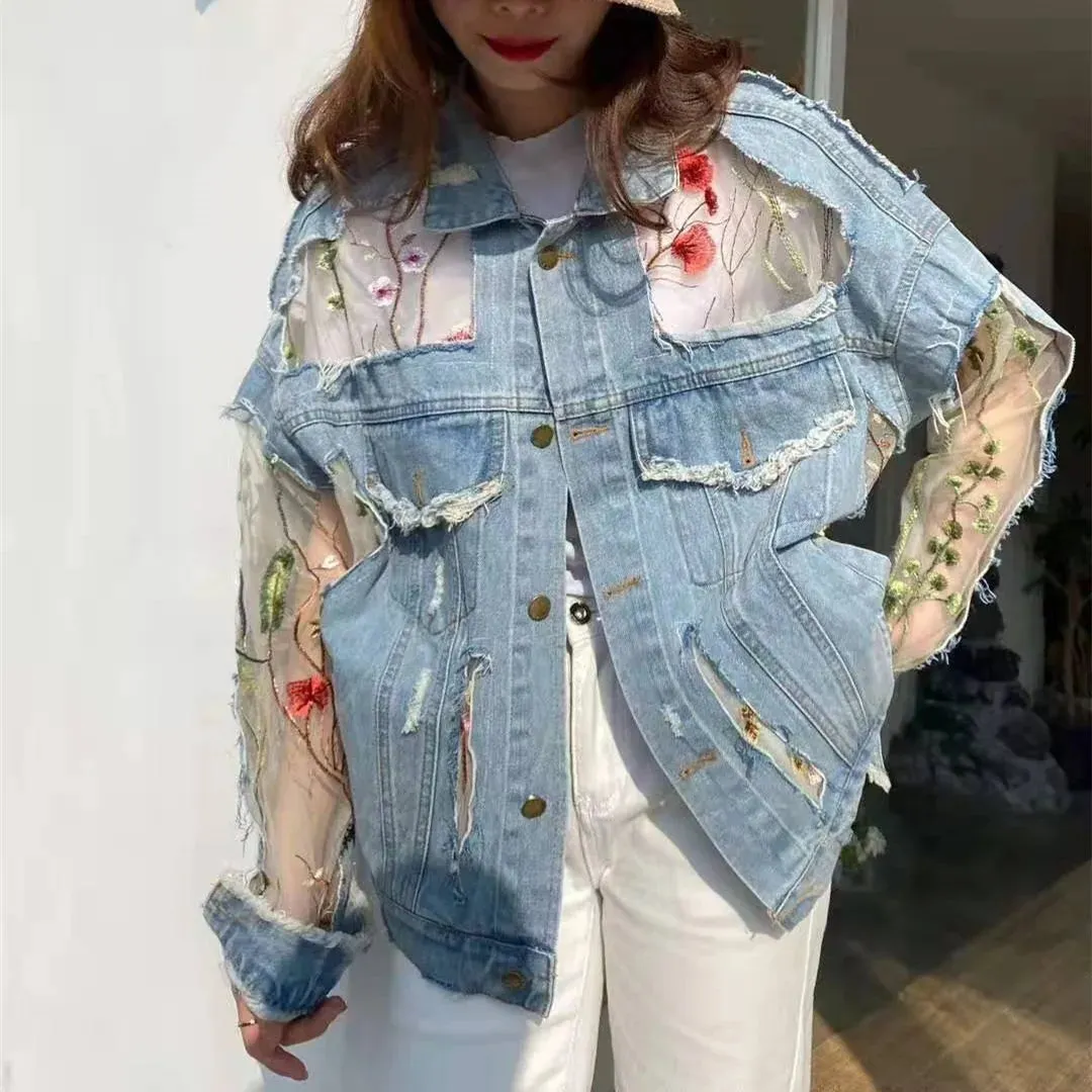 Women's Jean Jacket Embroidered Lace Patchwork Sexy Denim Jacket Frayed Tassel Loose Blue Jean Jacket