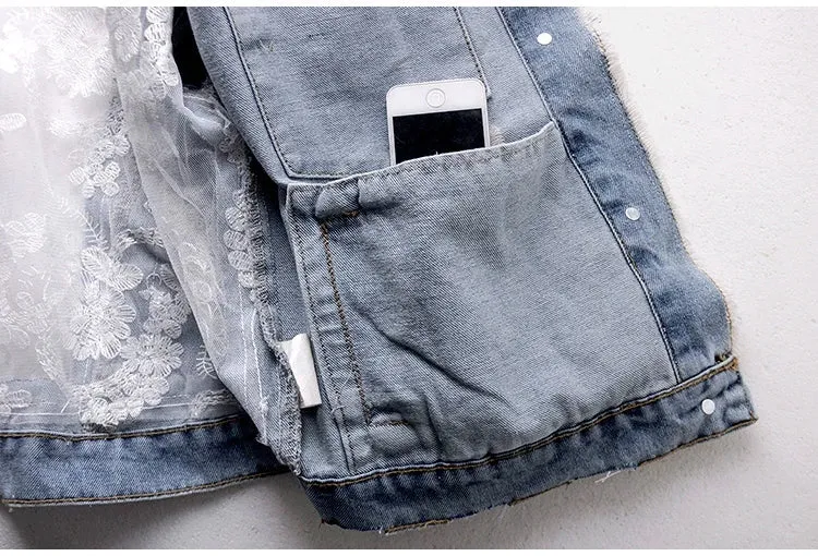 Women's Jean Jacket Embroidered Lace Patchwork Sexy Denim Jacket Frayed Tassel Loose Blue Jean Jacket