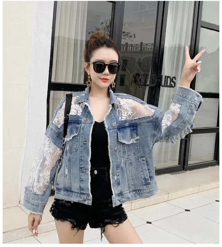 Women's Jean Jacket Embroidered Lace Patchwork Sexy Denim Jacket Frayed Tassel Loose Blue Jean Jacket