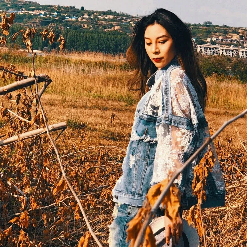 Women's Jean Jacket Embroidered Lace Patchwork Sexy Denim Jacket Frayed Tassel Loose Blue Jean Jacket
