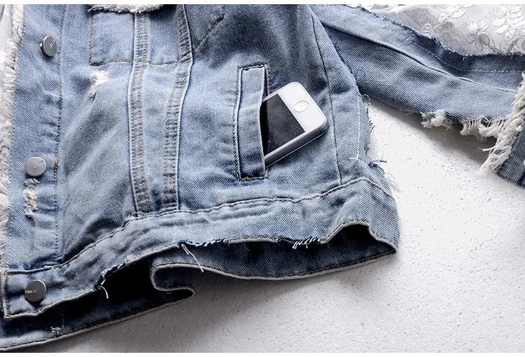 Women's Jean Jacket Embroidered Lace Patchwork Sexy Denim Jacket Frayed Tassel Loose Blue Jean Jacket