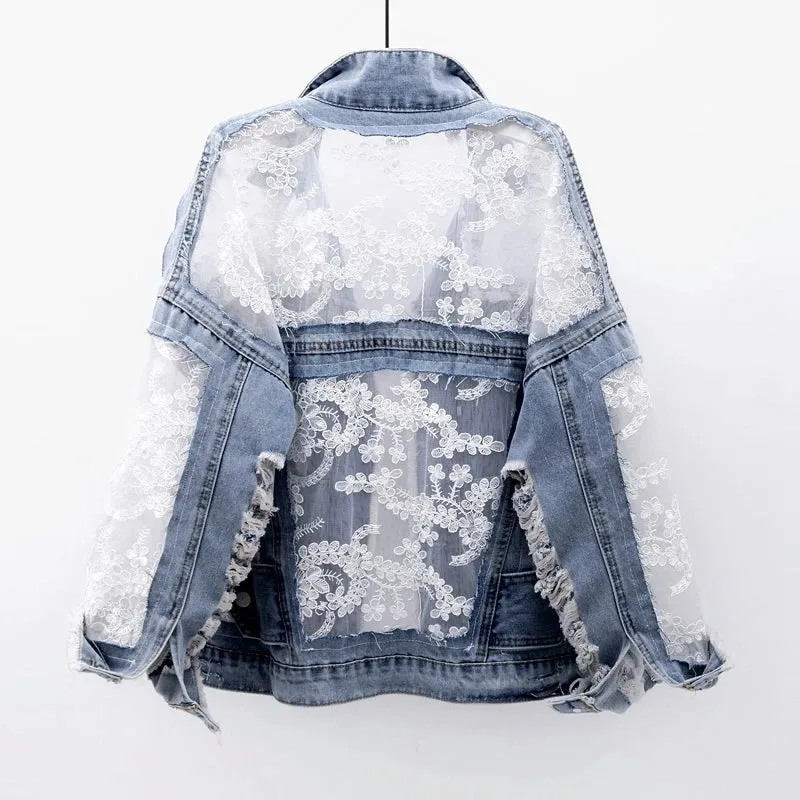 Women's Jean Jacket Embroidered Lace Patchwork Sexy Denim Jacket Frayed Tassel Loose Blue Jean Jacket