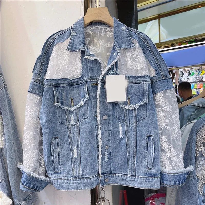 Women's Jean Jacket Embroidered Lace Patchwork Sexy Denim Jacket Frayed Tassel Loose Blue Jean Jacket