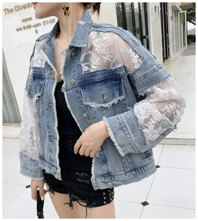 Women's Jean Jacket Embroidered Lace Patchwork Sexy Denim Jacket Frayed Tassel Loose Blue Jean Jacket