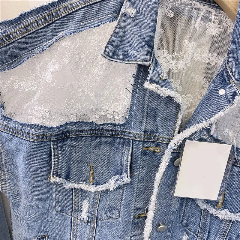 Women's Jean Jacket Embroidered Lace Patchwork Sexy Denim Jacket Frayed Tassel Loose Blue Jean Jacket