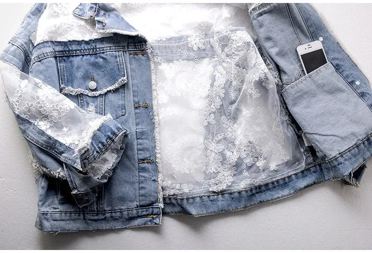 Women's Jean Jacket Embroidered Lace Patchwork Sexy Denim Jacket Frayed Tassel Loose Blue Jean Jacket