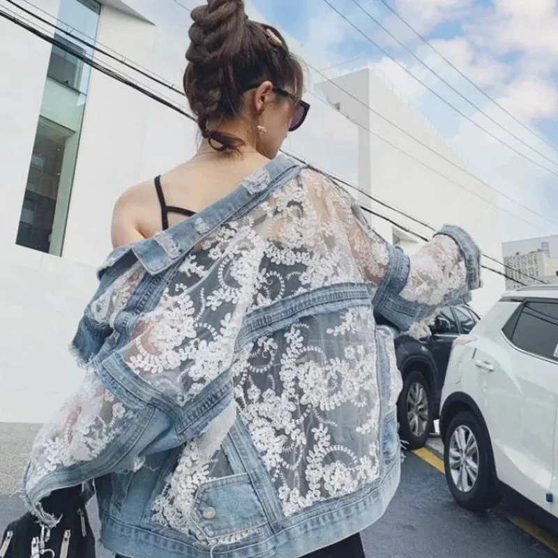 Women's Jean Jacket Embroidered Lace Patchwork Sexy Denim Jacket Frayed Tassel Loose Blue Jean Jacket