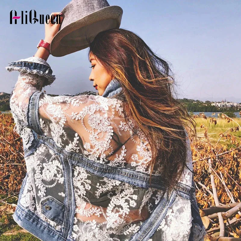 Women's Jean Jacket Embroidered Lace Patchwork Sexy Denim Jacket Frayed Tassel Loose Blue Jean Jacket