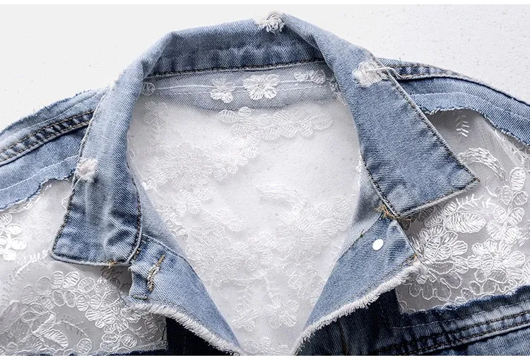 Women's Jean Jacket Embroidered Lace Patchwork Sexy Denim Jacket Frayed Tassel Loose Blue Jean Jacket
