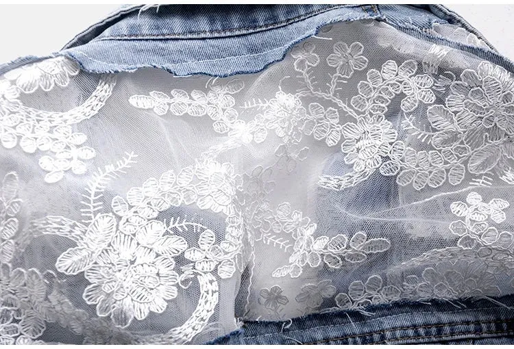 Women's Jean Jacket Embroidered Lace Patchwork Sexy Denim Jacket Frayed Tassel Loose Blue Jean Jacket