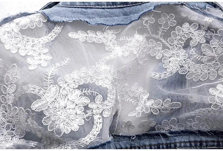 Women's Jean Jacket Embroidered Lace Patchwork Sexy Denim Jacket Frayed Tassel Loose Blue Jean Jacket