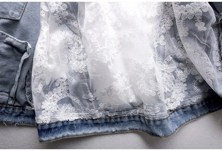 Women's Jean Jacket Embroidered Lace Patchwork Sexy Denim Jacket Frayed Tassel Loose Blue Jean Jacket
