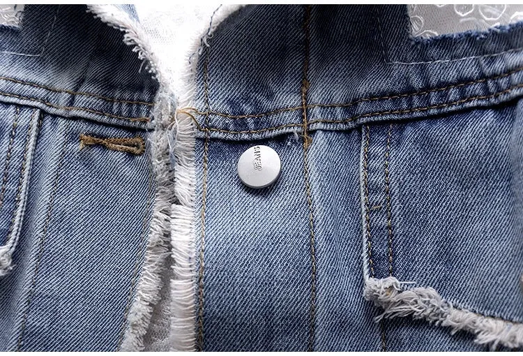 Women's Jean Jacket Embroidered Lace Patchwork Sexy Denim Jacket Frayed Tassel Loose Blue Jean Jacket