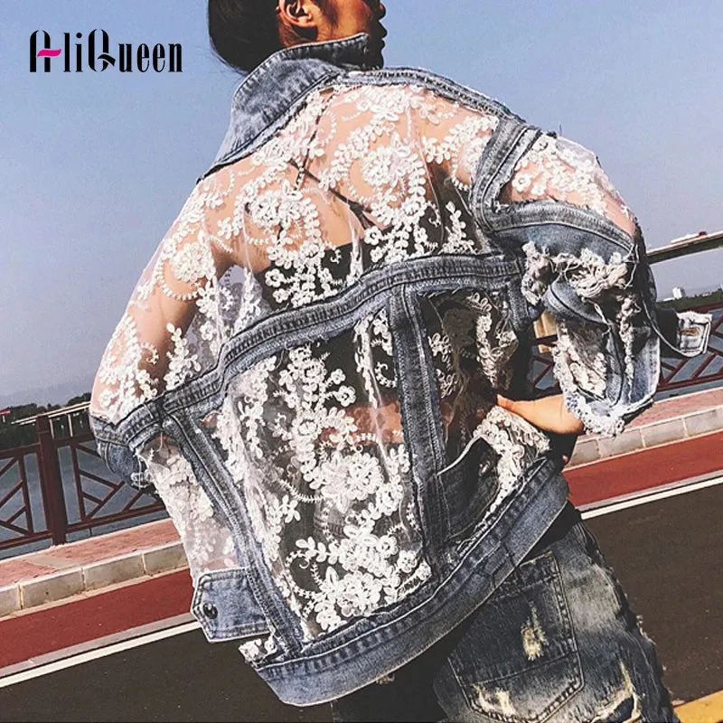 Women's Jean Jacket Embroidered Lace Patchwork Sexy Denim Jacket Frayed Tassel Loose Blue Jean Jacket