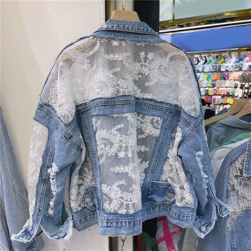 Women's Jean Jacket Embroidered Lace Patchwork Sexy Denim Jacket Frayed Tassel Loose Blue Jean Jacket