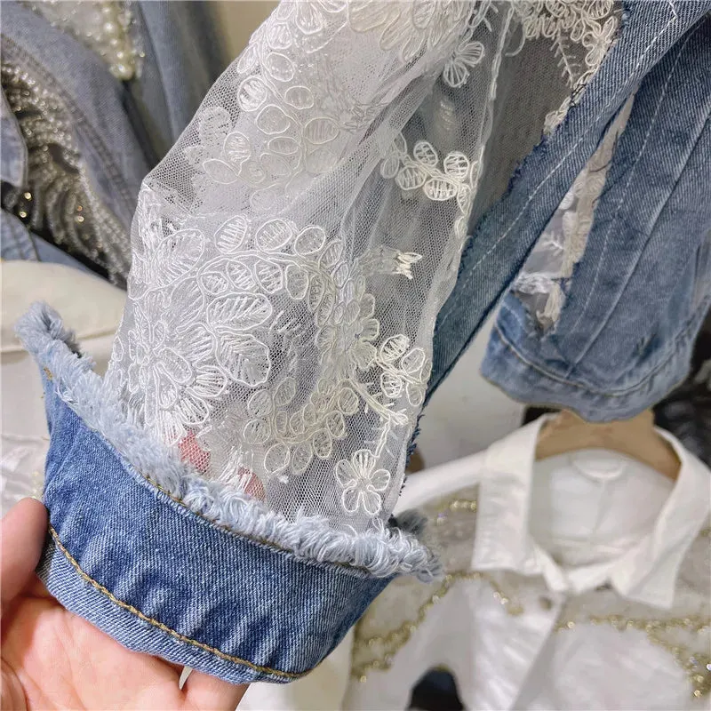 Women's Jean Jacket Embroidered Lace Patchwork Sexy Denim Jacket Frayed Tassel Loose Blue Jean Jacket