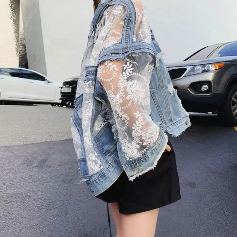 Women's Jean Jacket Embroidered Lace Patchwork Sexy Denim Jacket Frayed Tassel Loose Blue Jean Jacket