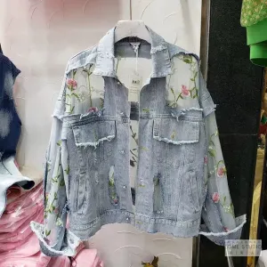 Women's Jean Jacket Embroidered Lace Patchwork Sexy Denim Jacket Frayed Tassel Loose Blue Jean Jacket