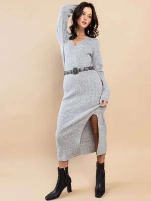 WOMEN'S LONG SLEEVE V-NECK FRONT SLIT RIBBED MIDI DRESS