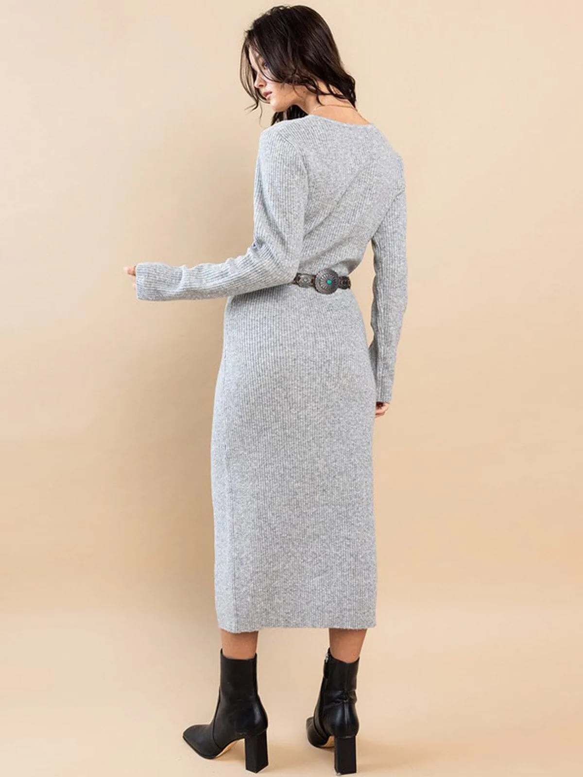 WOMEN'S LONG SLEEVE V-NECK FRONT SLIT RIBBED MIDI DRESS