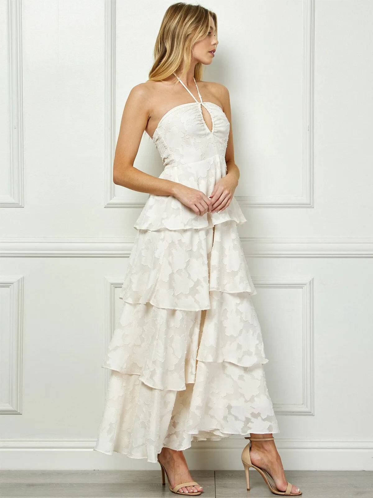 WOMEN'S SLEEVELESS HALTER NECK FLORAL RUFFLE TIERED MAXI DRESS