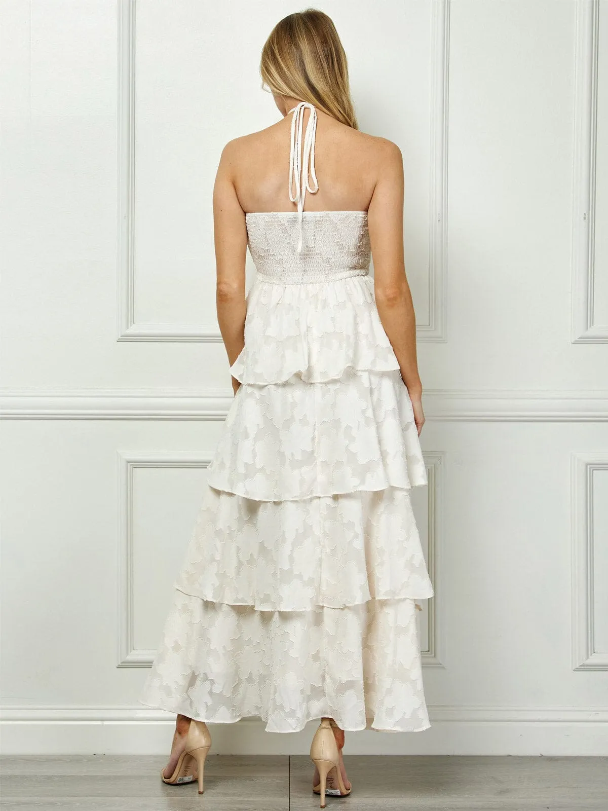 WOMEN'S SLEEVELESS HALTER NECK FLORAL RUFFLE TIERED MAXI DRESS