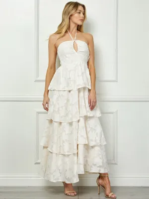 WOMEN'S SLEEVELESS HALTER NECK FLORAL RUFFLE TIERED MAXI DRESS