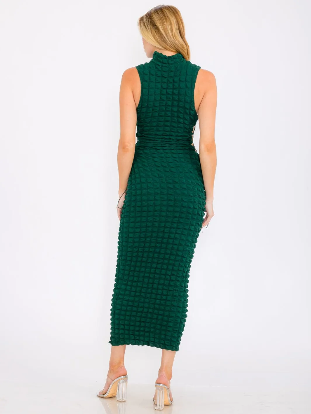 WOMEN'S SLEEVELESS MOCK NECK SIDE OPEN DETAILED BODYCON MAXI DRESS