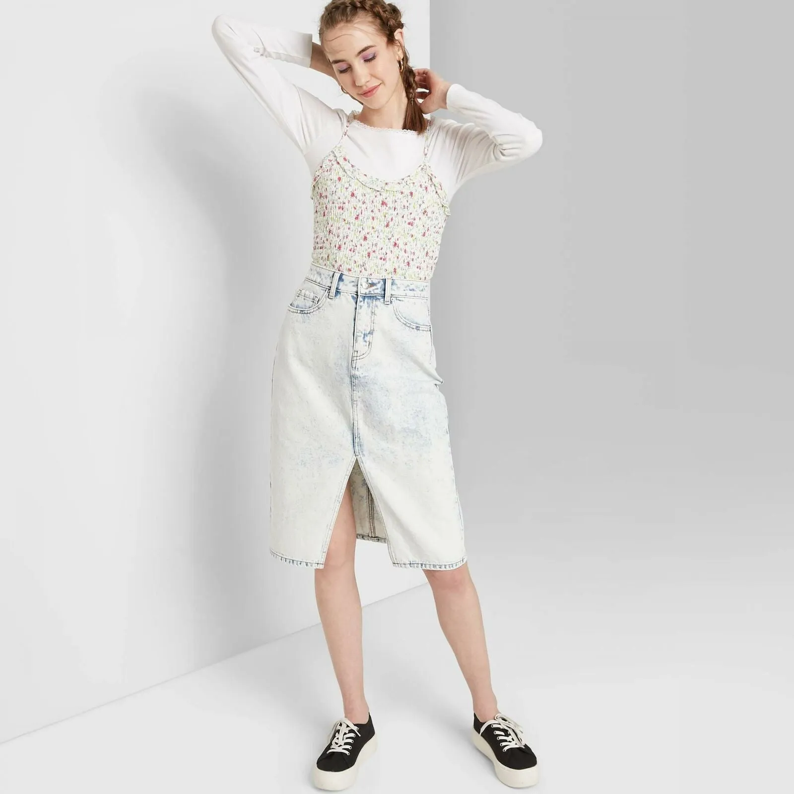 Women's Split Front Acid Wash Knee Length Jean Skirt