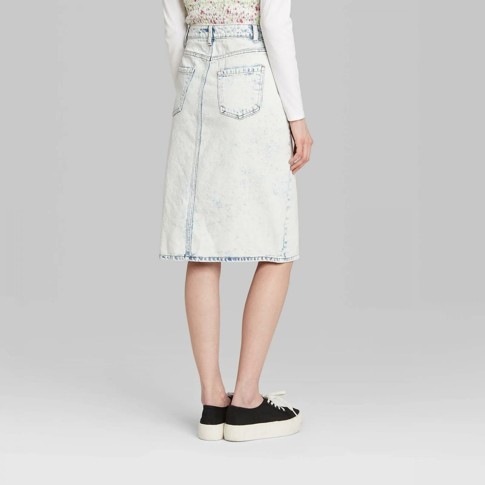 Women's Split Front Acid Wash Knee Length Jean Skirt