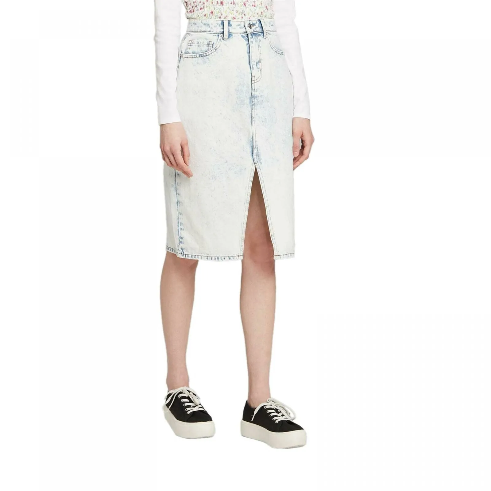 Women's Split Front Acid Wash Knee Length Jean Skirt