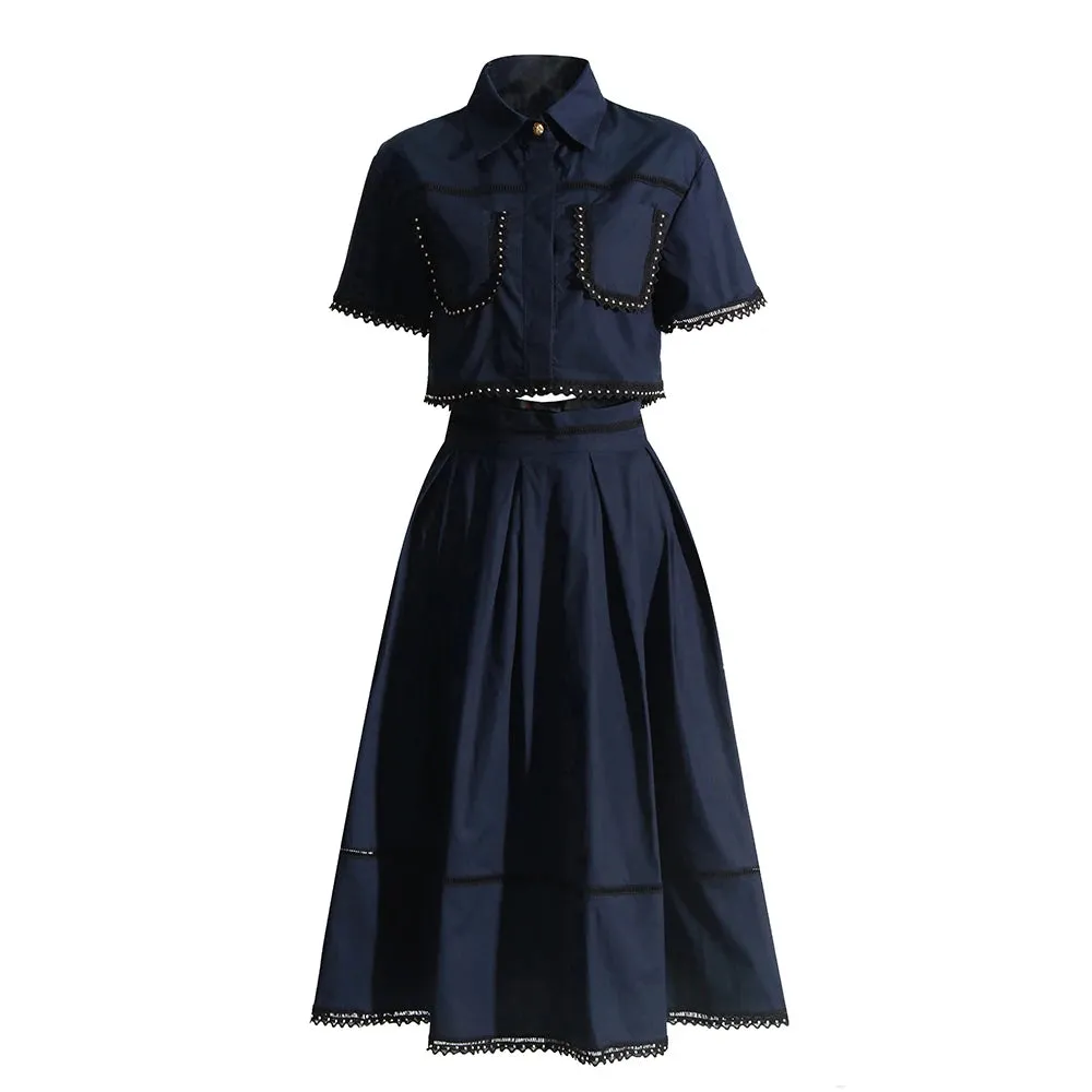 Women's Two Piece Skirt Set Short Sleeve Top & High Waist A-Line Casual Skirt Set