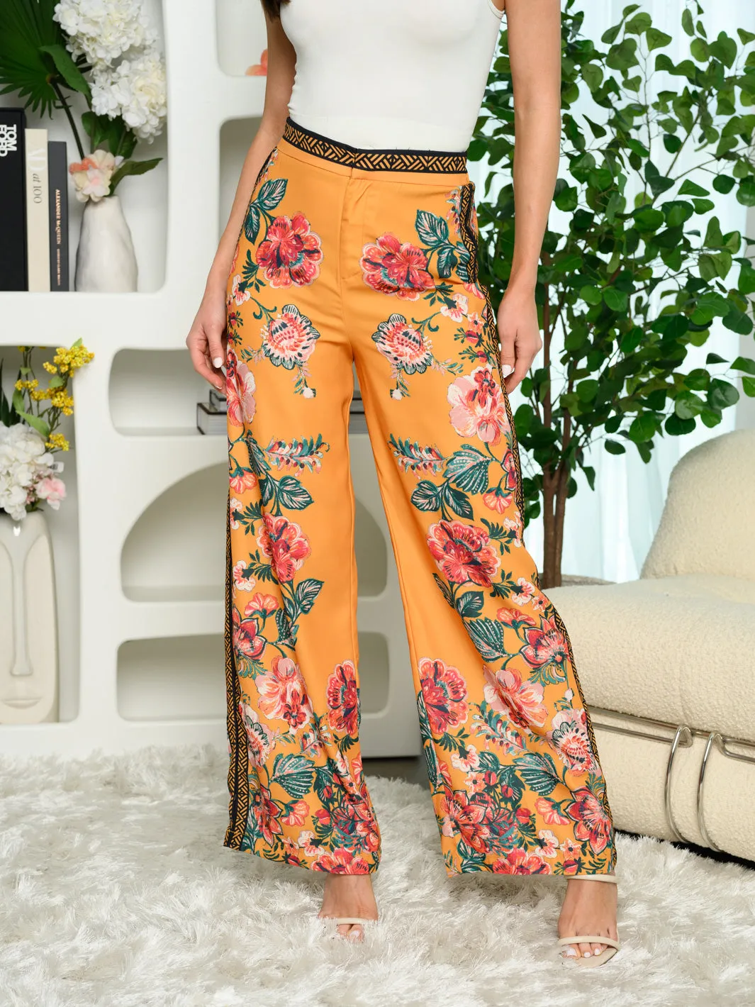 WOMEN'S WIDE LEG FRONT ZIPPER FLORAL PANTS