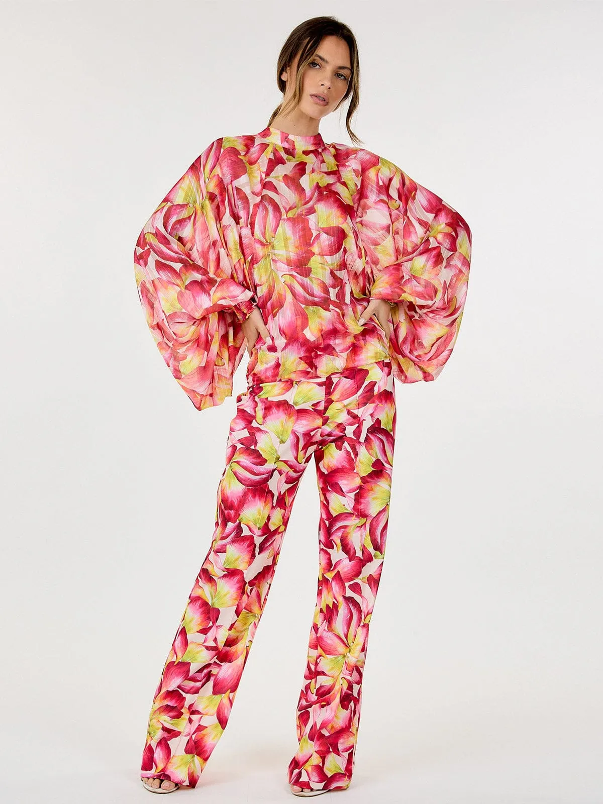 WOMEN'S ZIPPER CLOSURE FLORAL PRINT WIDE LEG PANTS