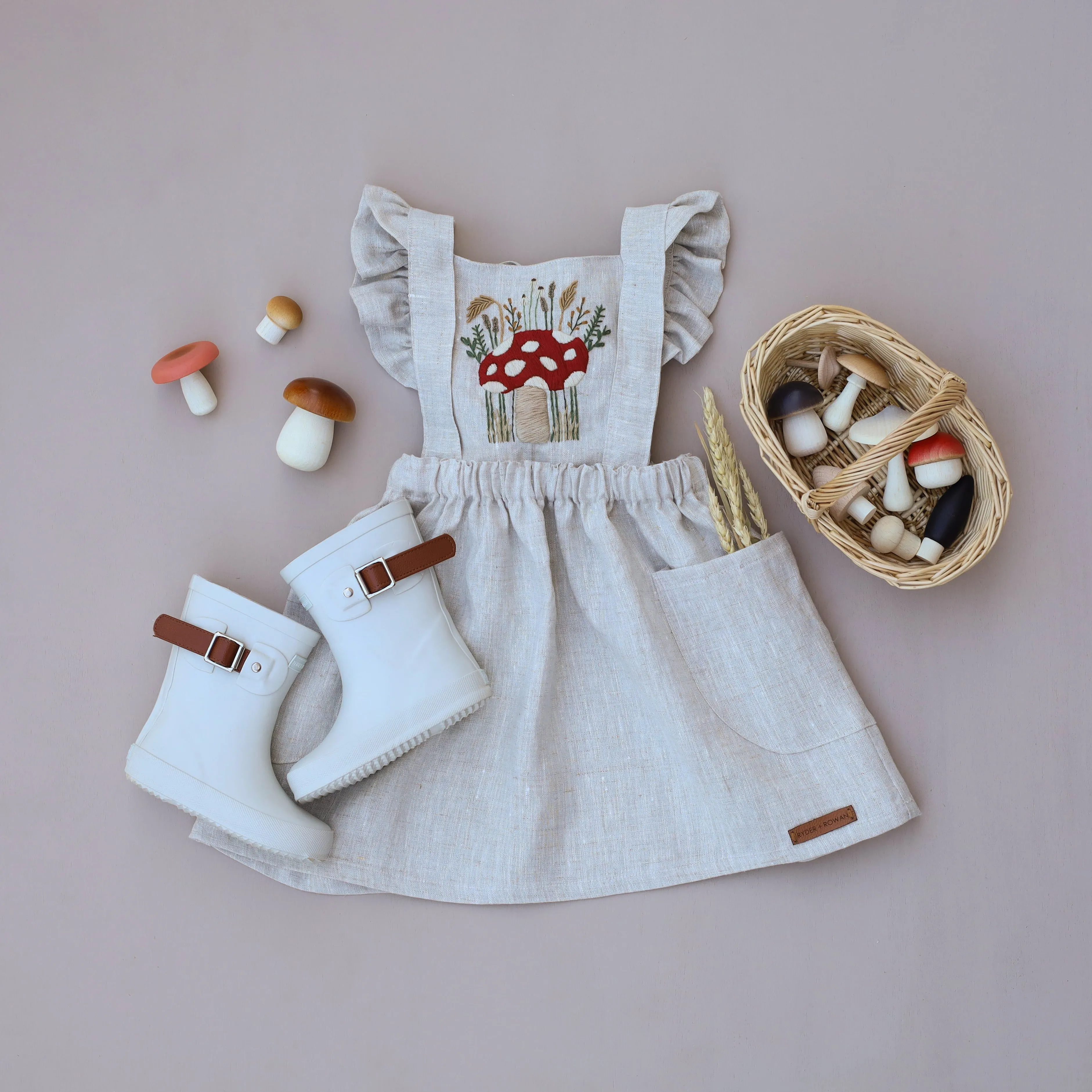 Woodland Mushroom Hand Embroidered 3 Piece Pinafore or Sunsuit