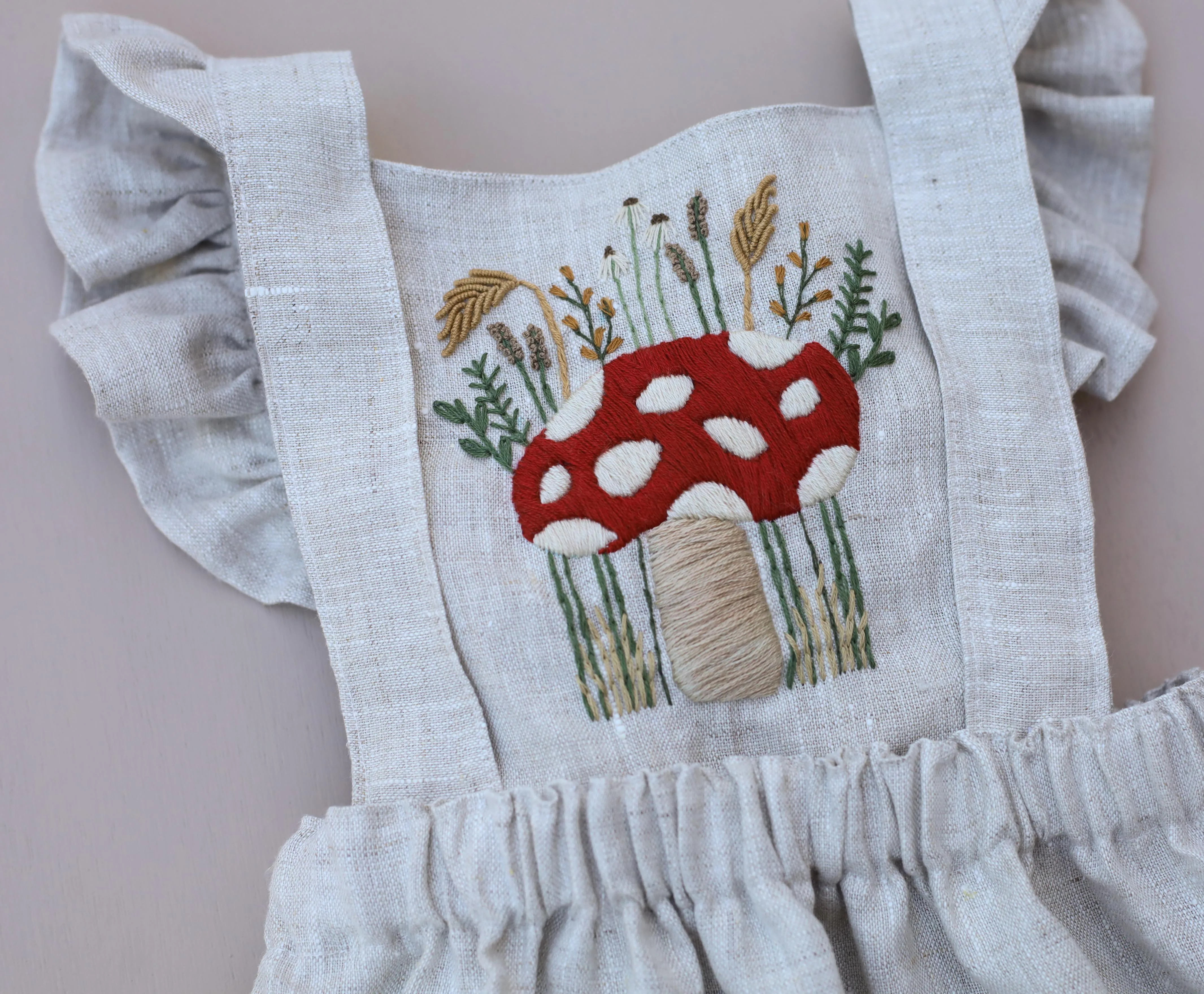 Woodland Mushroom Hand Embroidered 3 Piece Pinafore or Sunsuit