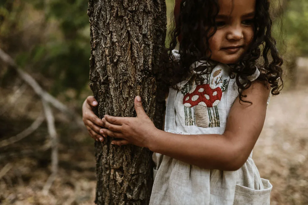 Woodland Mushroom Hand Embroidered 3 Piece Pinafore or Sunsuit