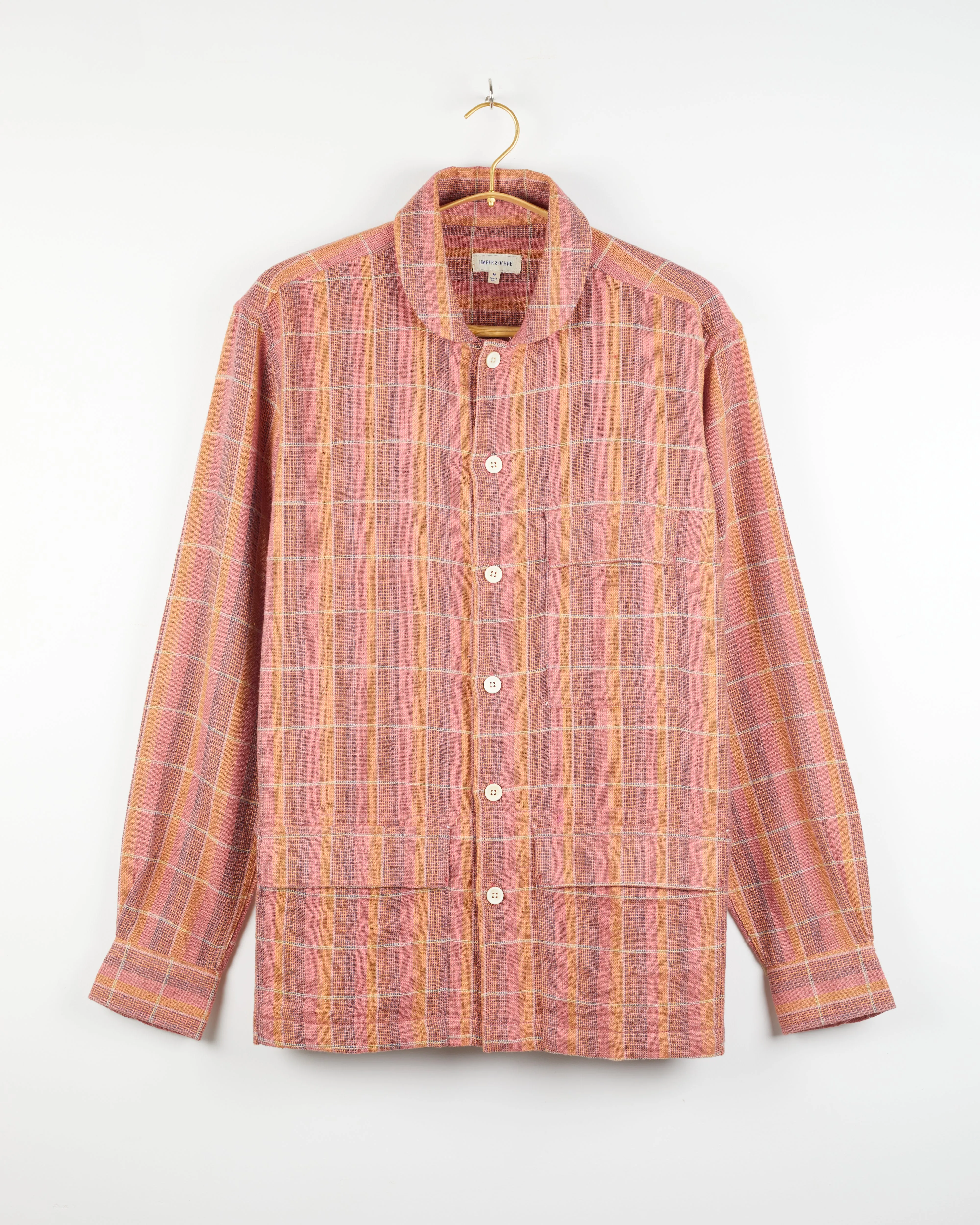 Yatree Shawl Collar Overshirt in Nubby Cotton Sunset Plaid