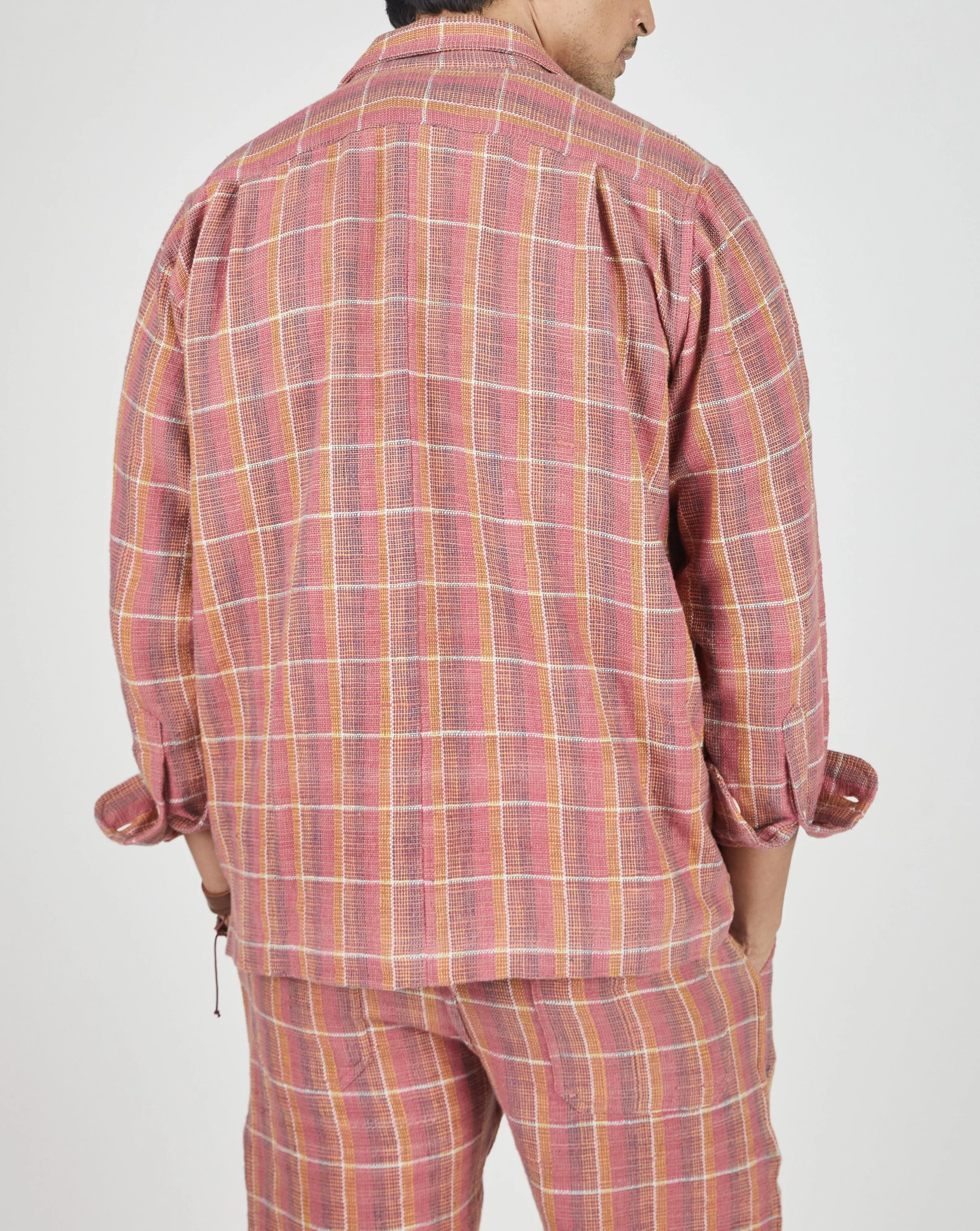 Yatree Shawl Collar Overshirt in Nubby Cotton Sunset Plaid