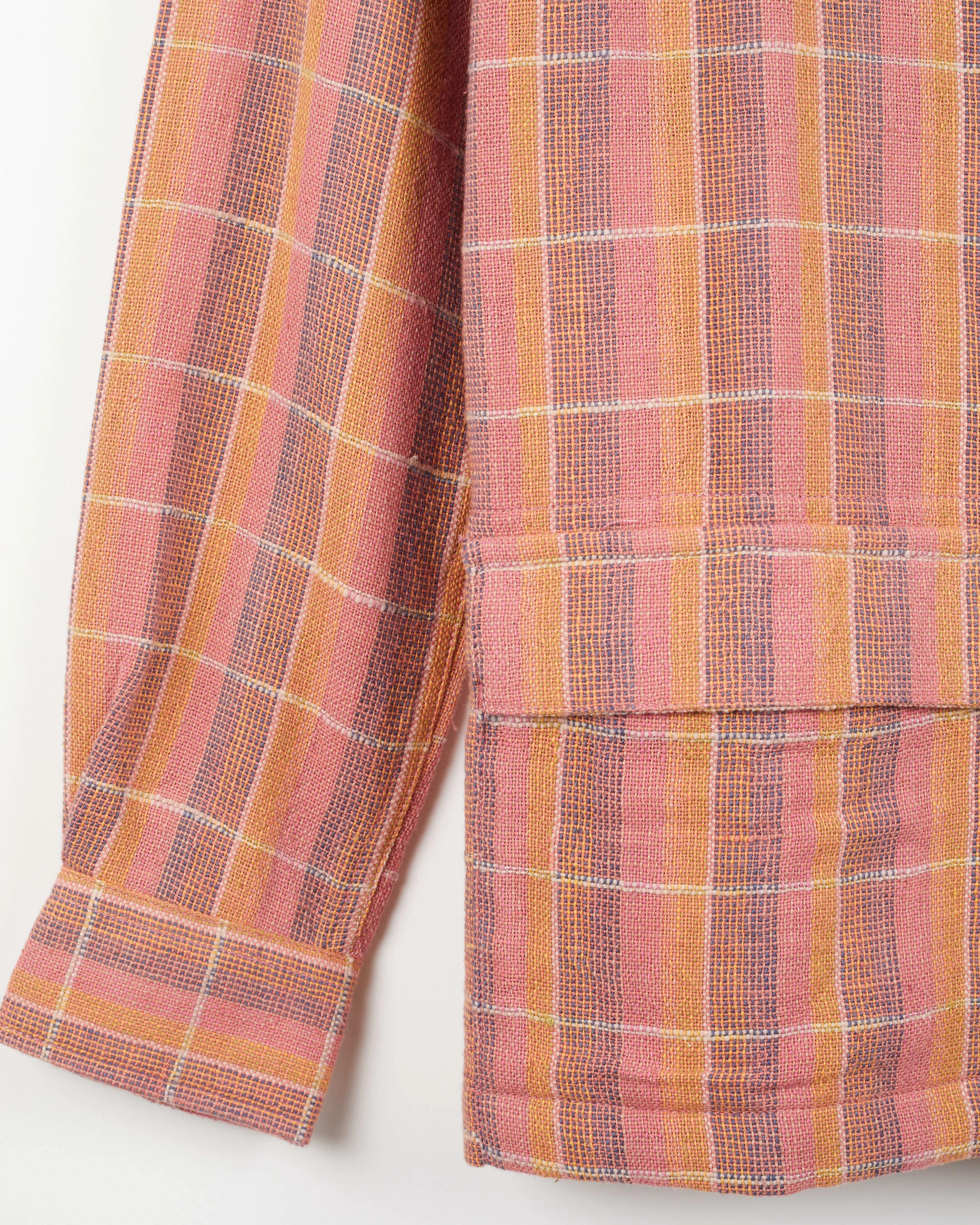 Yatree Shawl Collar Overshirt in Nubby Cotton Sunset Plaid