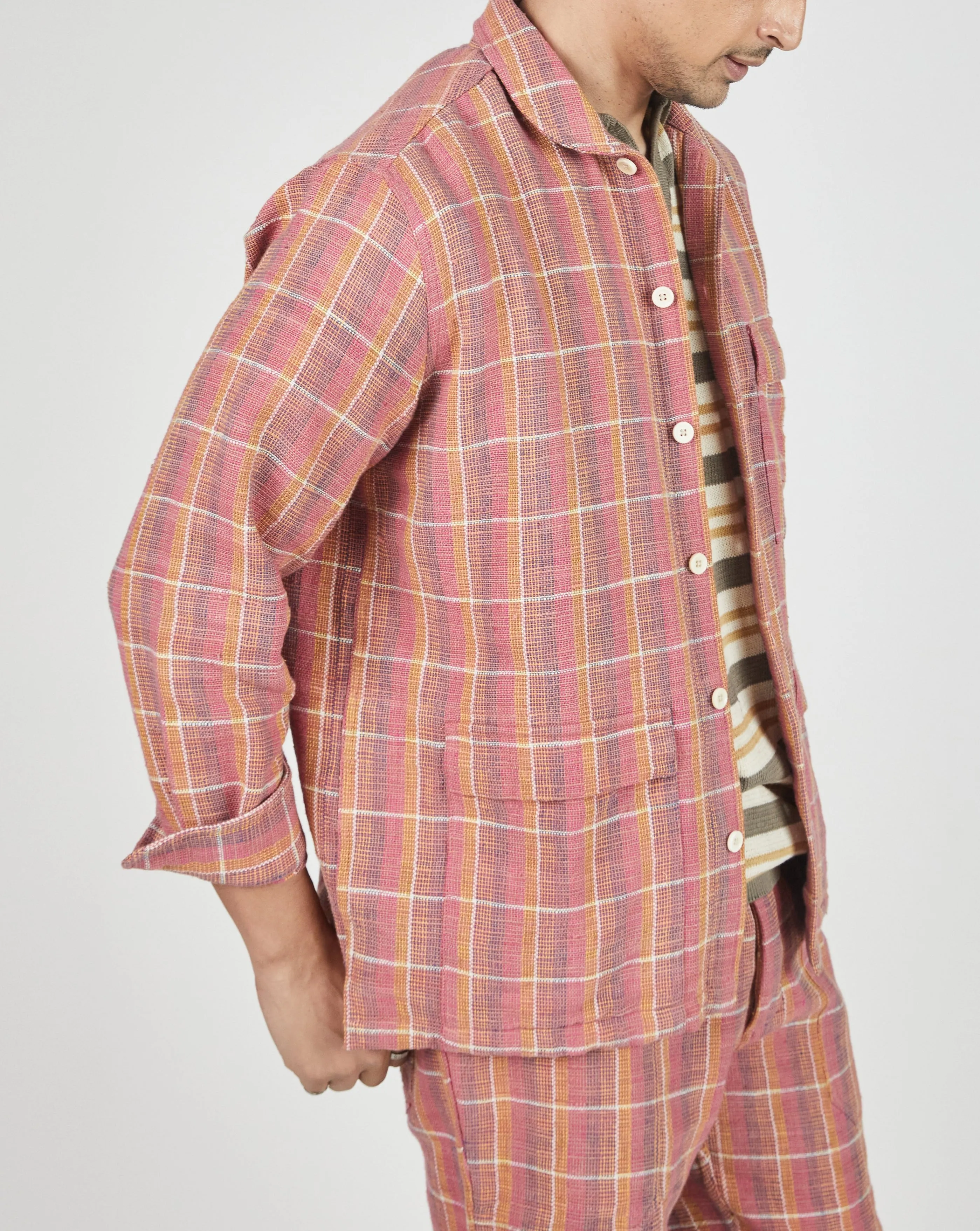 Yatree Shawl Collar Overshirt in Nubby Cotton Sunset Plaid