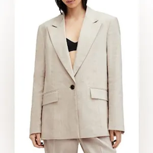 Zara Linen Blend Roll Up Sleeve Single Button Blazer Coat Jacket, Beige Size S