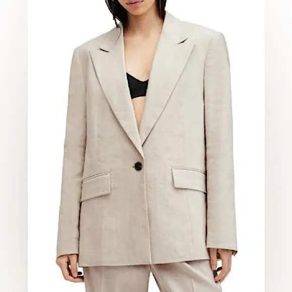 Zara Linen Blend Roll Up Sleeve Single Button Blazer Coat Jacket, Beige Size S
