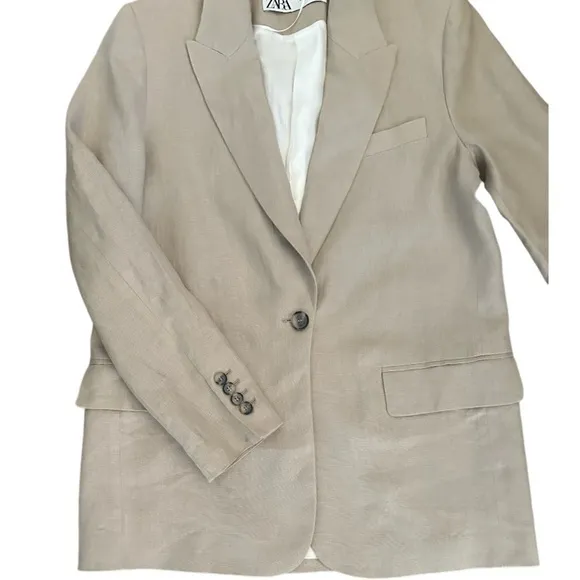 Zara Linen Blend Roll Up Sleeve Single Button Blazer Coat Jacket, Beige Size S