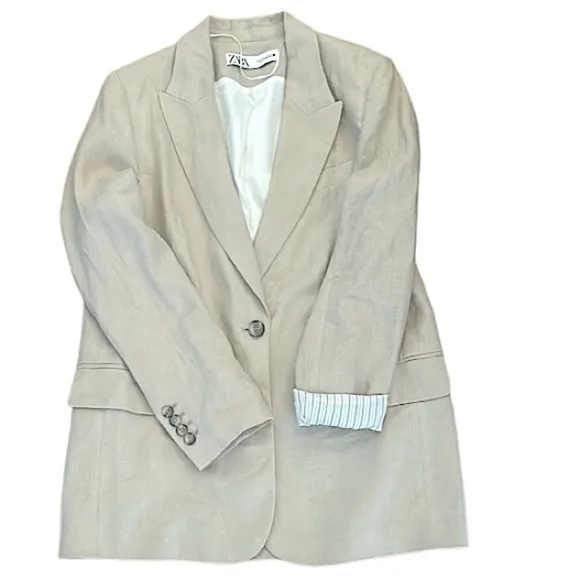 Zara Linen Blend Roll Up Sleeve Single Button Blazer Coat Jacket, Beige Size S